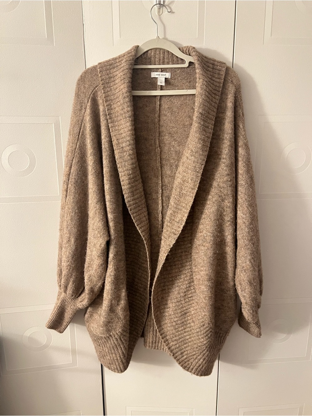 Nine West Oversized Taupe Heather Cocoon Cardigan Shawl Collar Pockets Size L
